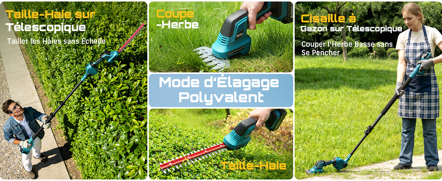 Le texte inclut « Taille-haie », « Herbs », « Mode d'emploi ». Plusieurs images montrant des outils et équipements de jardinage utilisés à l'extérieur dans la verdure.