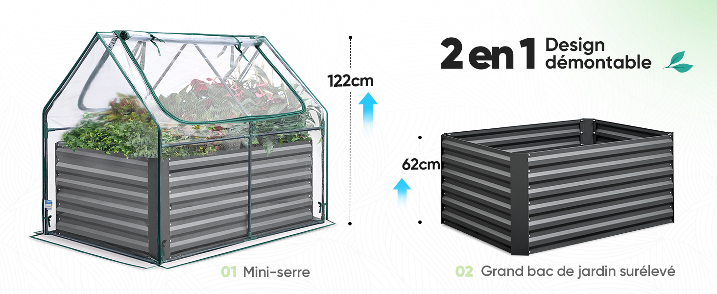 Le texte se lit comme suit : « 2 en 1 Design démontable ». Schéma technique montrant des vues d'assemblage d'une structure de serre ou de lit de jardin avec des éléments de charpente en métal.