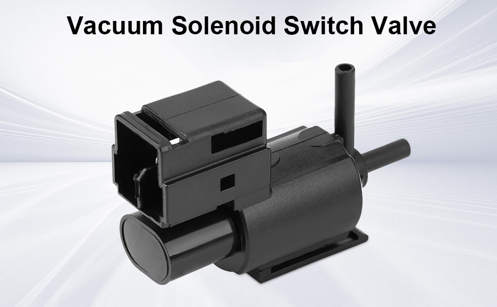 Text reads: 'Vacuum Solenoid Switch Valve'. Black plastic automotive component with electrical connector and vacuum port shown against white background.