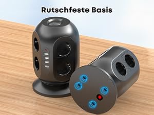Der Text lautet „Rutschfeste Basis“. Schwarze würfelförmige Steckdosenleiste oder Steckdosenhub mit mehreren Steckdosen und blauen Akzenten, dargestellt aus verschiedenen Blickwinkeln.
