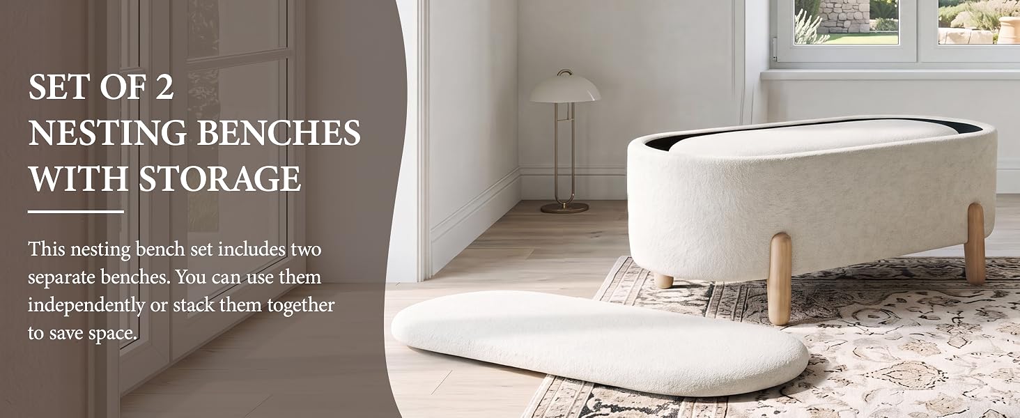 Text reads 'SET OF 2 NESTING BENCHES WITH STORAGE'. White upholstered nesting benches with storage compartments shown in minimalist bedroom setting.