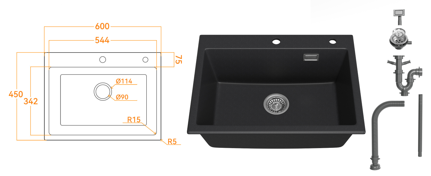 Black rectangular kitchen sink with single basin, shown with dimensional diagram and accompanying plumbing fixtures. Sink features a smooth matte finish and two pre-drilled holes for faucet installation.