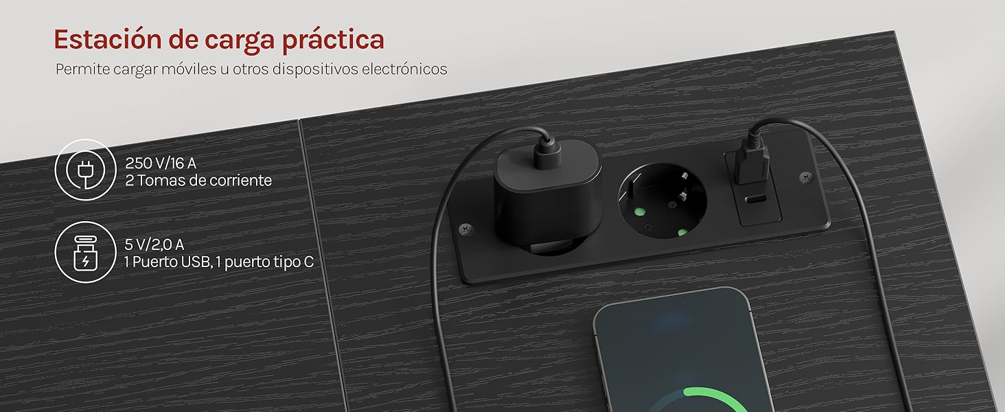 El texto dice «Estación de carga práctica». Estación de carga o base de color oscuro con indicadores LED y varios puertos de conexión visibles.