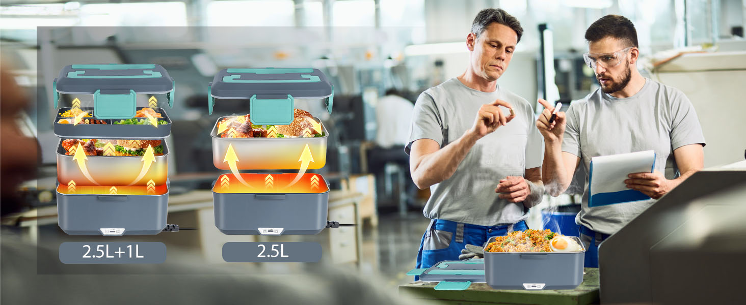 Deux récipients de conservation des aliments en plastique empilables d'un volume de 2,5 L/1 L illustrés avec leur contenu