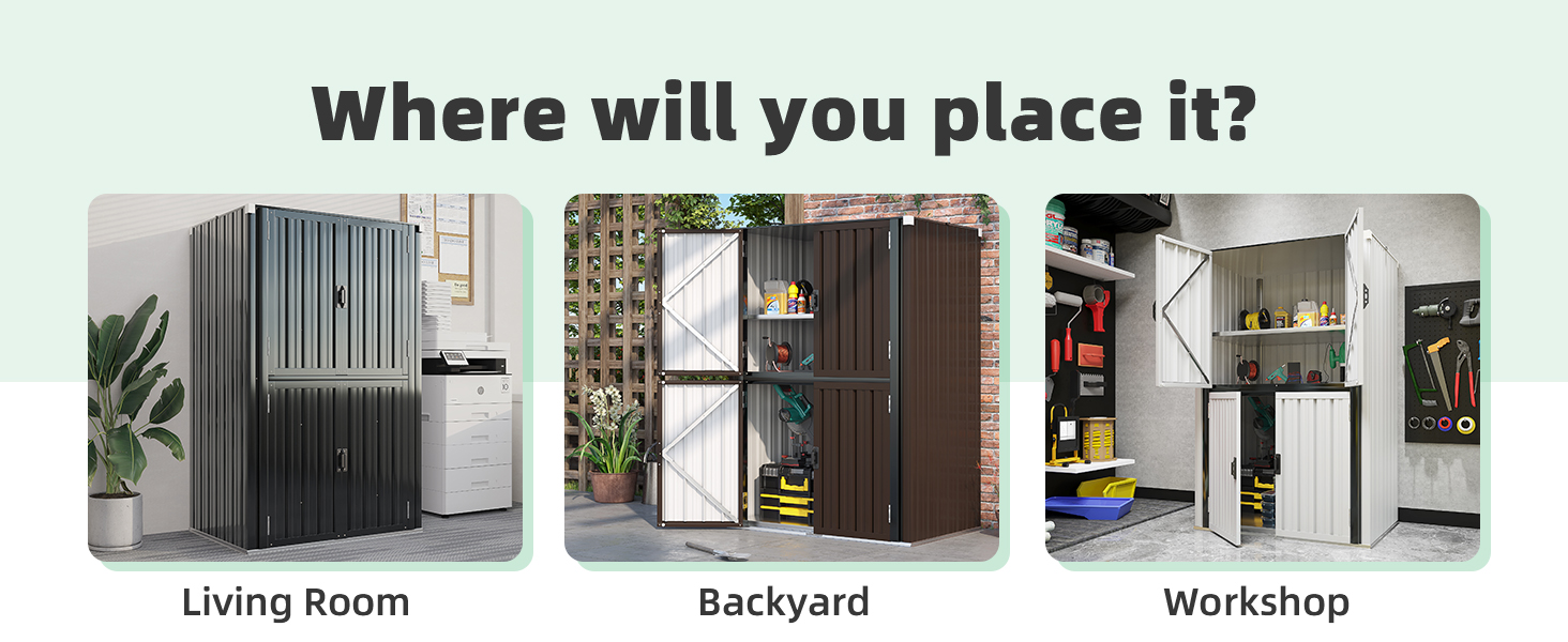 a picture of a garage with a metal storage unit.