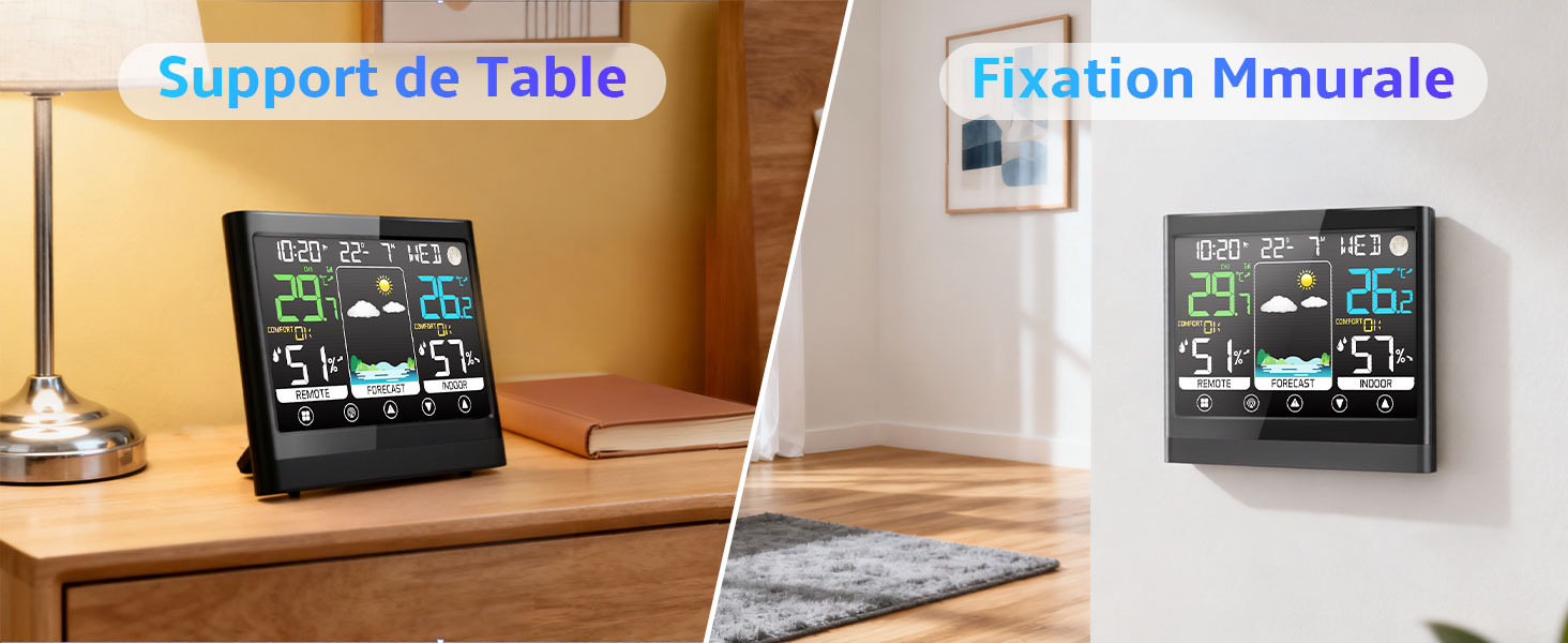 Le texte se lit comme suit : « Support de Table » et « Edition Finlandaise ». Série d'images montrant des supports ou supports d'appareils électroniques noirs montés sur des surfaces en bois.