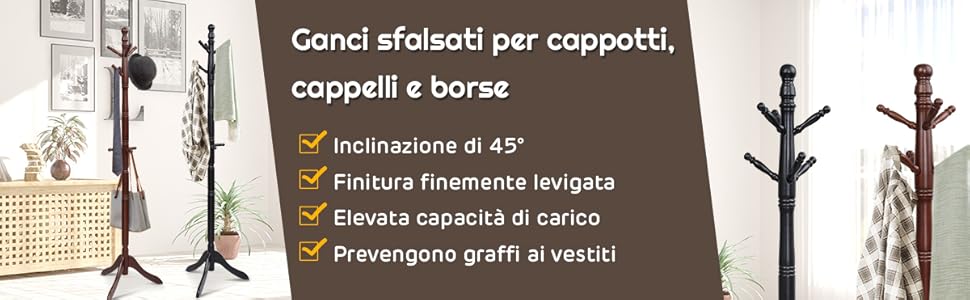 COSTWAY Attaccapanni ad Albero, Appendiabiti in Legno di Gomma con 9 Ganci,  Albero Porta Abiti per Camera da Letto Soggiorno Ingresso e Ufficio,  50x50x138-175 cm (Nero)