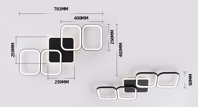 Schematische Darstellung modularer Deckenleuchten. Zeigt die Abmessungen rechteckiger und quadratischer Lichtpaneele in Schwarz und Weiß, angeordnet in geometrischen Mustern mit Maßangaben in Millimetern.