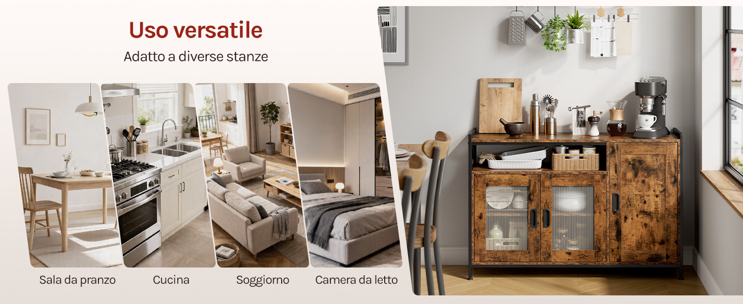 Il testo recita «Uso versátil» con sottotitolo «Perfecto a través de tus espacios». Collage che mostra mobili e oggetti di archiviazione in ambienti interni domestici che mostrano un uso versatile.