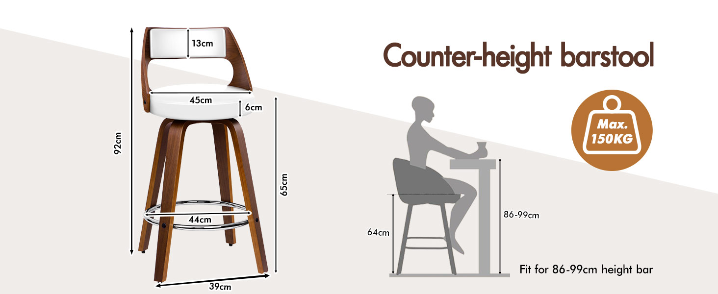 Text reads 'Counter-height barstool'. Technical product dimensions diagram showing measurements and ergonomic sitting position for a barstool with wooden legs and upholstered seat.