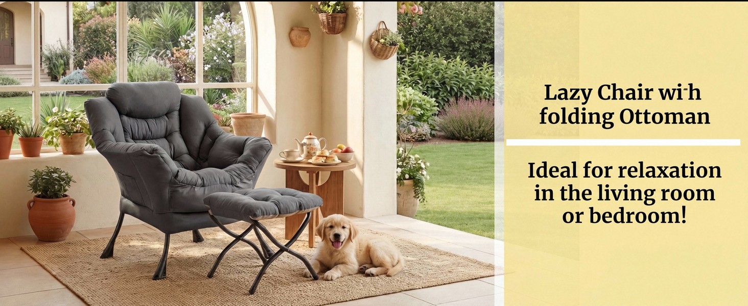 Text reads 'Lazy Chair with Folding Ottoman' and 'Ideal for relaxation in living room or bedroom'. Dark gray upholstered modern chair with ottoman shown in indoor living space with plants.