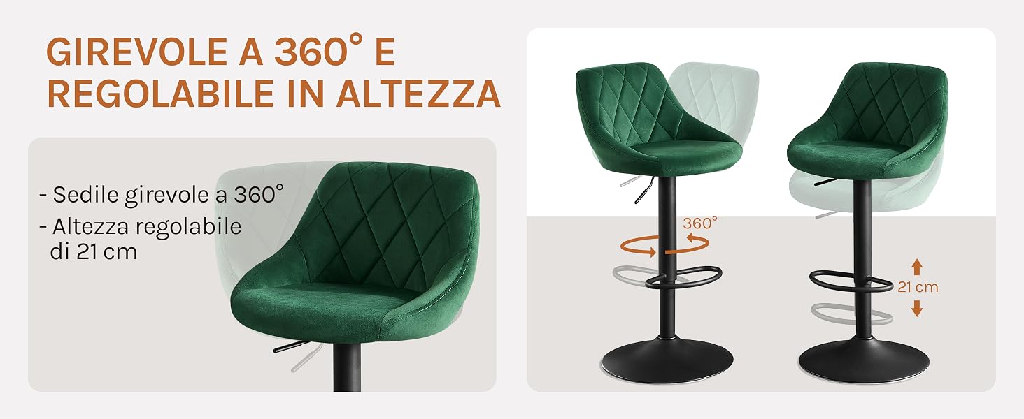 Sgabelli da bar in velluto verde con schienali trapuntati. I sedili sono girevoli di 360 gradi e l'altezza è regolabile di 21 cm. Base circolare nera con poggiapiedi
