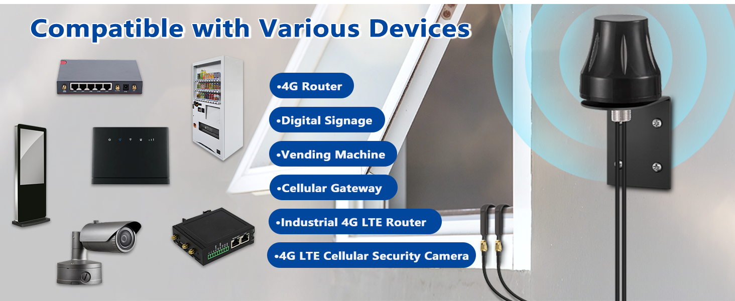 Compatibility diagram showing various devices like routers, digital signage, and cameras that work with an unspecified networking product. A black antenna-like device is shown on the right.