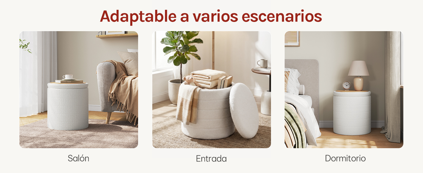 El texto dice «Adaptable a varios escenarios» (Adaptable a varios escenarios). Cuadrícula que muestra tres configuraciones interiores de la casa: salón (sala de estar), baño (baño) y dormitorio (dormitorio), que muestra las opciones de colocación de los productos.