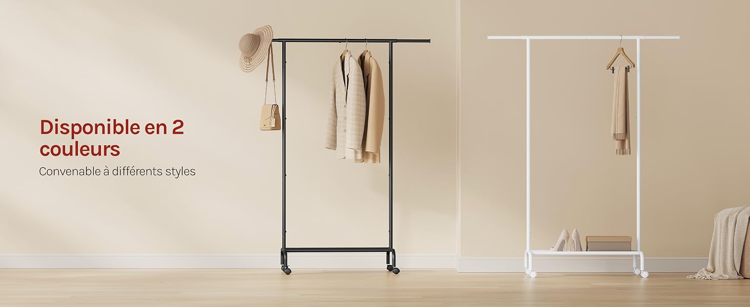 Le texte indique « Disponible en 2 couleurs » et « Or blanc et noir (1,6 Ah) ». Deux porte-vêtements roulants minimalistes présentés côte à côte dans des finitions blanches et noires avec des tringles de suspension.