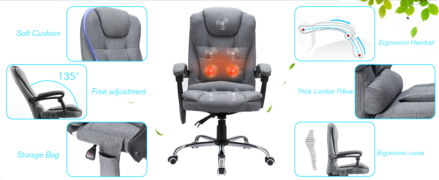 Gray ergonomic office chair with adjustable features including lumbar support, heating function, reclining backrest, and padded armrests. Multiple panels showcase various chair angles and comfort features.