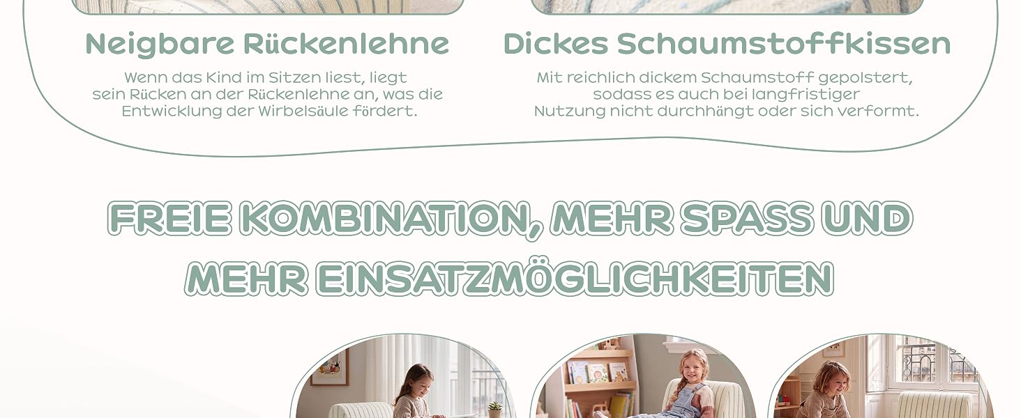 Der Text lautet „Neigbare Rückenlehne“, „Dickes Schaumstoffkissen“, „FREIE KOMBINATION, MEHR SPASS UND MEHR EINSATZMÖGLICHKEITEN“. Produktkomposition mit Möbeldetails und drei Lifestyle-Fotos der Raumeinstellungen unten.