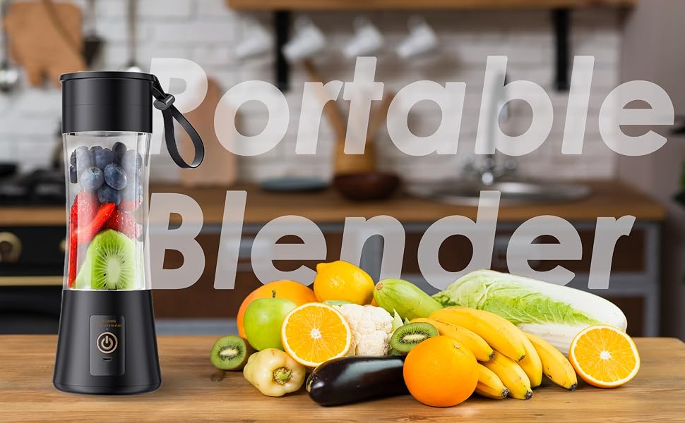 Portable blender with clear cup containing fruits. Black base with power button. Various fresh fruits displayed in foreground, including oranges, bananas, and kiwis.