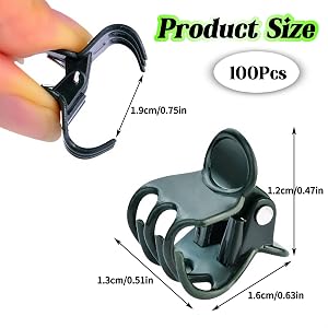 Small plastic clips for gardening or organizing. Two views show dimensions: 1.9cm length, 1.6cm width, 1.2cm height. Package contains 100 pieces. Black color with curved design for gripping.