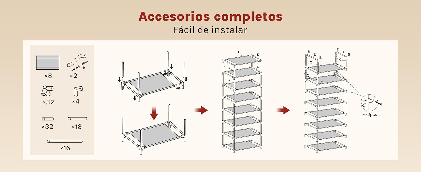 Diagrama de instrucciones de montaje que muestra los componentes y los pasos para instalar un sistema de estantes o estantes colgantes.