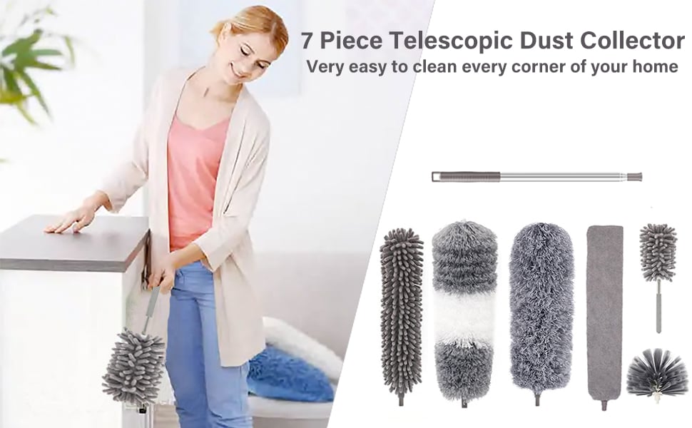 7pcs telescopic duster microfiber cleaning kit with stainless steel handle washable heads