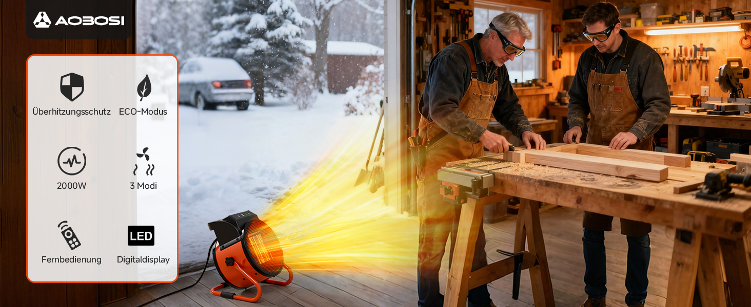 Geteiltes Bild, das eine Winterszene im Freien mit heller Lichtquelle und eine Werkstattszene im Innenbereich zeigt. Enthält Symbole für Produktmerkmale in der oberen linken Ecke.