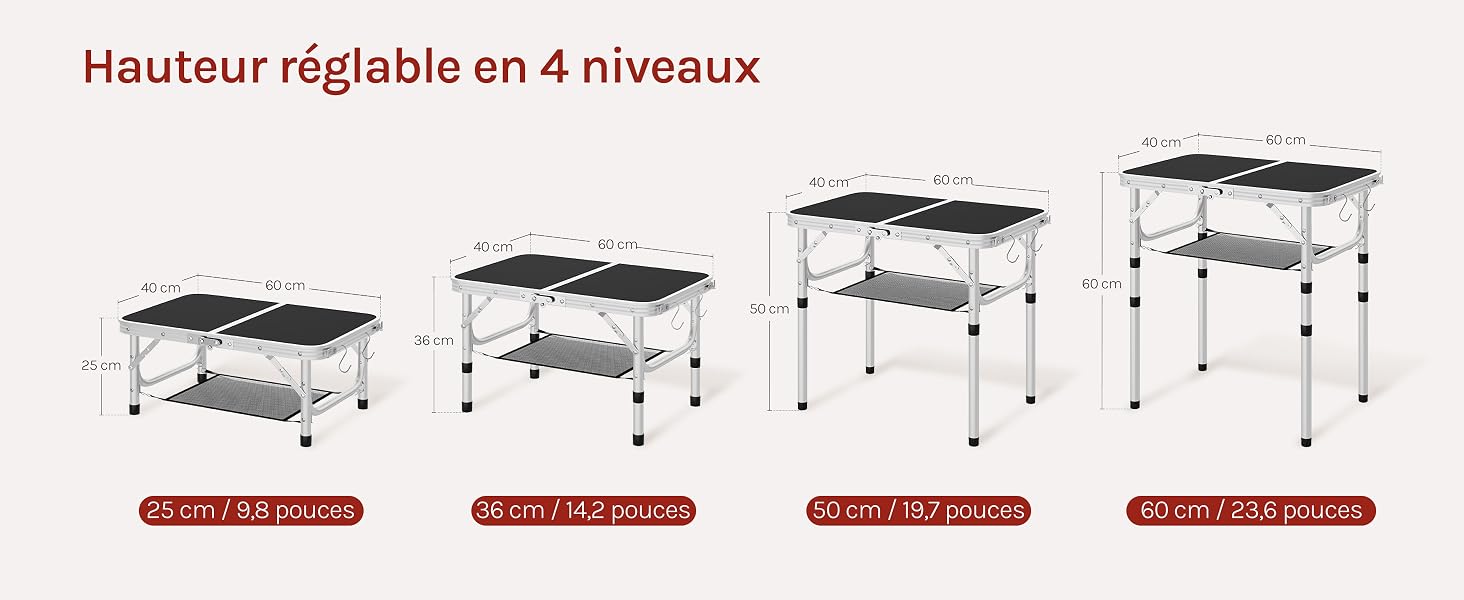 Le texte se lit comme suit : « Hauteur réglable en 4 niveaux ». Schéma technique montrant quatre niveaux de hauteur réglables d'une structure de table ou de plate-forme.