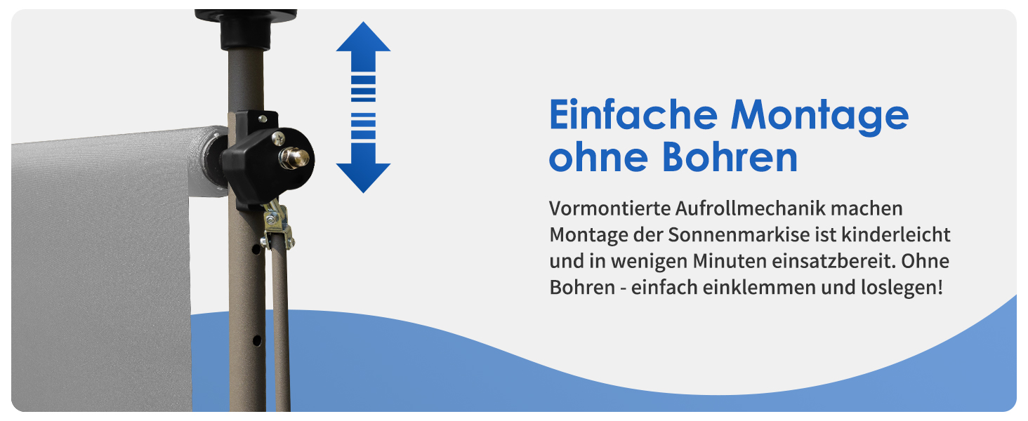 Einstellbare Halterung für die Montage der Sonnenmarkise. Der blaue Pfeil zeigt die vertikale Einstellung an. Der Text beschreibt die einfache Montage ohne Bohren.