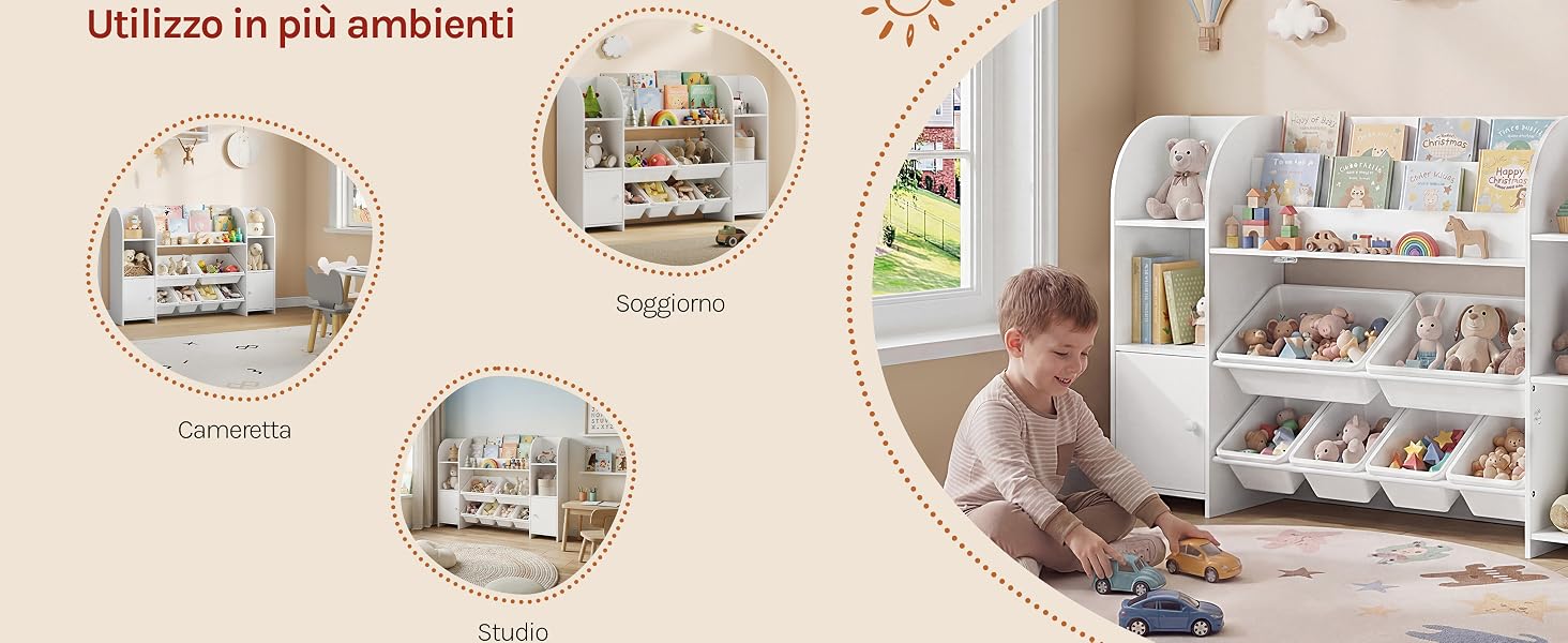 Il testo dice 'Utilizzo in più ambienti' (Uso in più stanze). Quattro immagini circolari di ambientazione della stanza che mostrano unità di archiviazione in diversi ambienti: asilo nido, camera da letto, soggiorno e sala giochi.