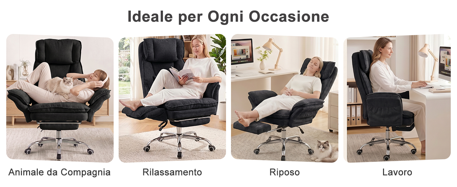 Il testo recita «COMFORT TO LOOK FORWARD TO». Quattro foto sequenziali che mostrano una persona seduta e che regola la posizione su una moderna sedia da ufficio.