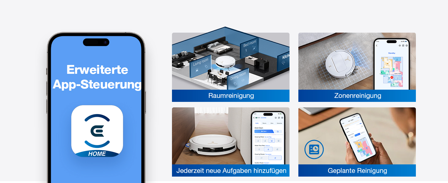 Der Text lautet „Smarthome Set“ auf der blauen Oberfläche der mobilen App. Das Composite zeigt die Einrichtung eines Smart-Home-Geräts mit Router, weißem Rundhub-Gerät, Steuerschnittstelle für Smartphone-Apps und Installationskomponenten.