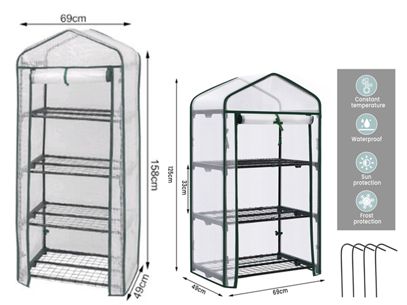 Portable greenhouse diagram showing 4-tier shelving unit with clear cover, dimensions of 69cm width, and waterproof features.