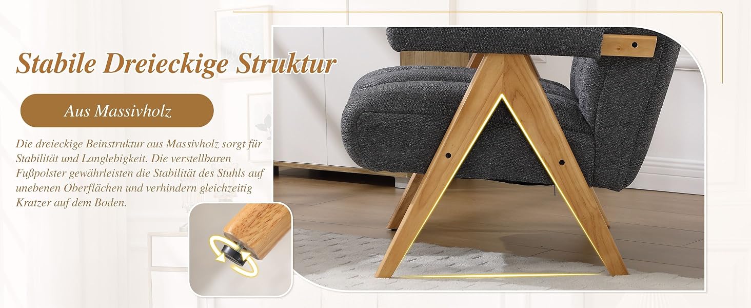 Der Text lautet „Stabile Dreieckige Struktur“. Mehrere Ansichten der A-Rahmenkonstruktion aus Holz mit Montagedetails und Konstruktionsmerkmalen vor neutralem Hintergrund.