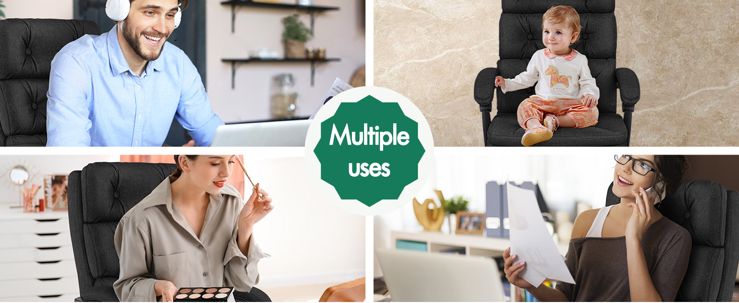 Text reads 'Multiple uses'. Identical collage to Image 3 showing office scenes with people working at desks and in meetings.