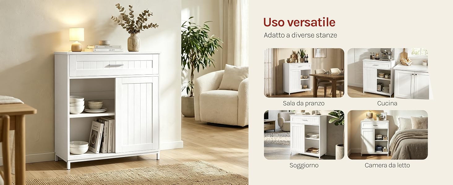 Il testo recita «Uso versatile» (Uso versatile). Armadietto portaoggetti bianco esposto nell'ambiente del soggiorno con immagini aggiuntive dei dettagli del prodotto che mostrano gli scaffali, gli scomparti e le funzioni di archiviazione dell'armadio da diverse angolazioni.