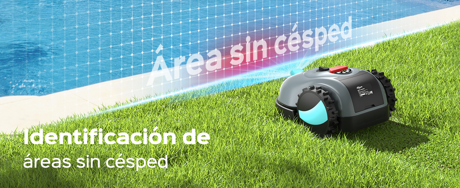 El texto dice «Area sin césped». Se muestra un cortacésped robótico navegando alrededor del borde del césped y de los obstáculos en la superficie de césped verde.