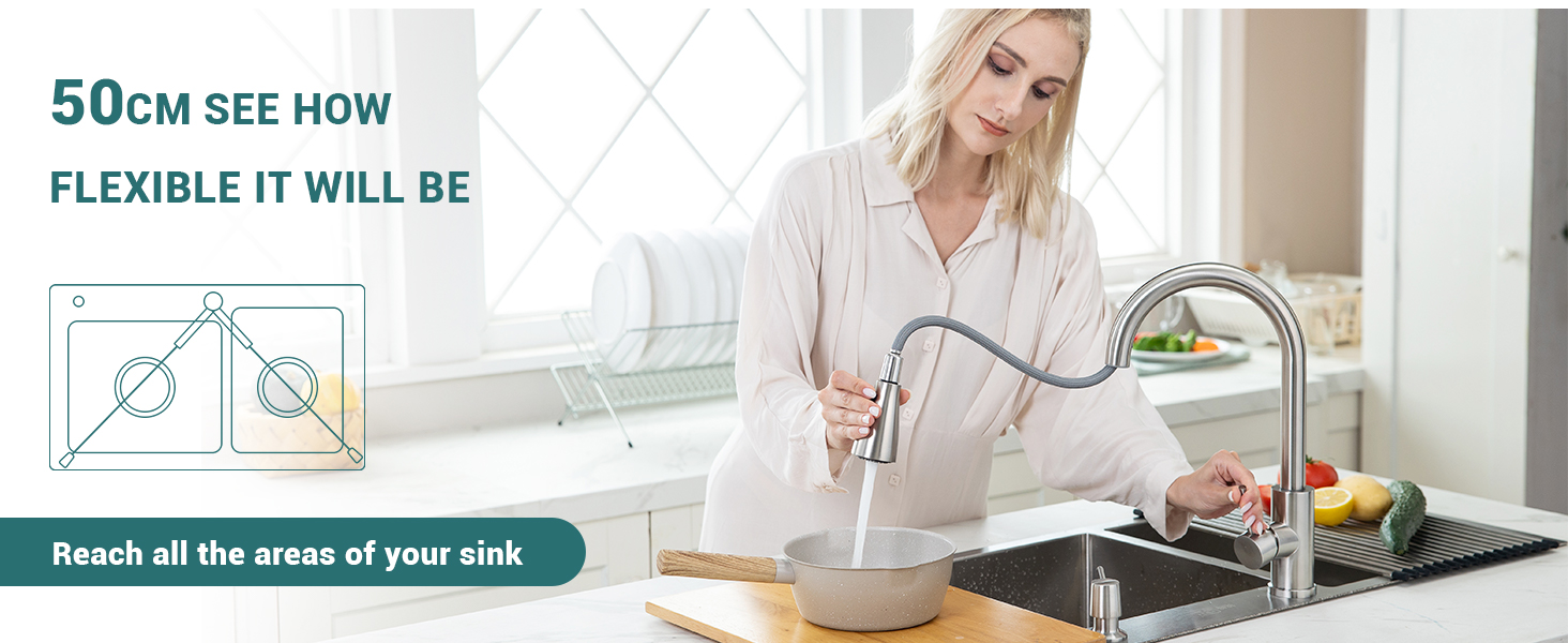 Flexible kitchen faucet extension with 50cm reach demonstrated on a sink. Woman using spray nozzle to rinse fruits in a bowl. Diagram shows coverage area.