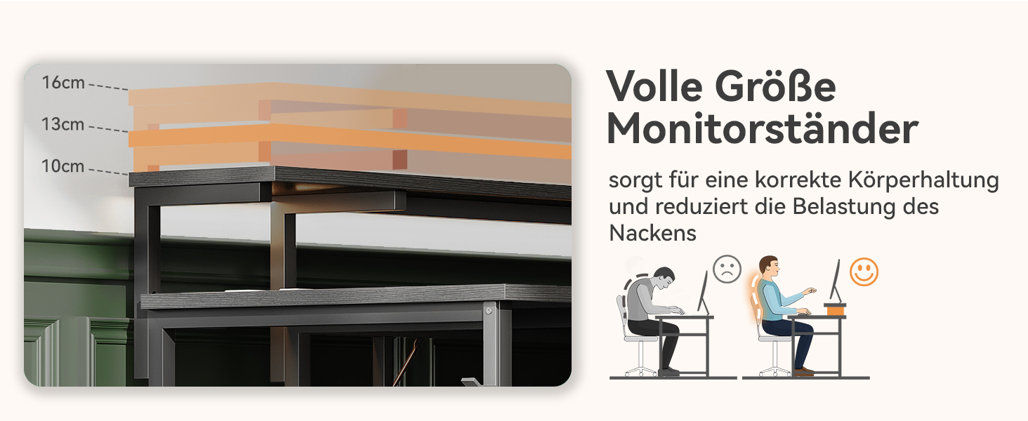 Diagramm zur Höhenführung des ergonomischen Monitorständers, das korrekte und falsche Sitzhaltungen am Computerarbeitsplatz zeigt