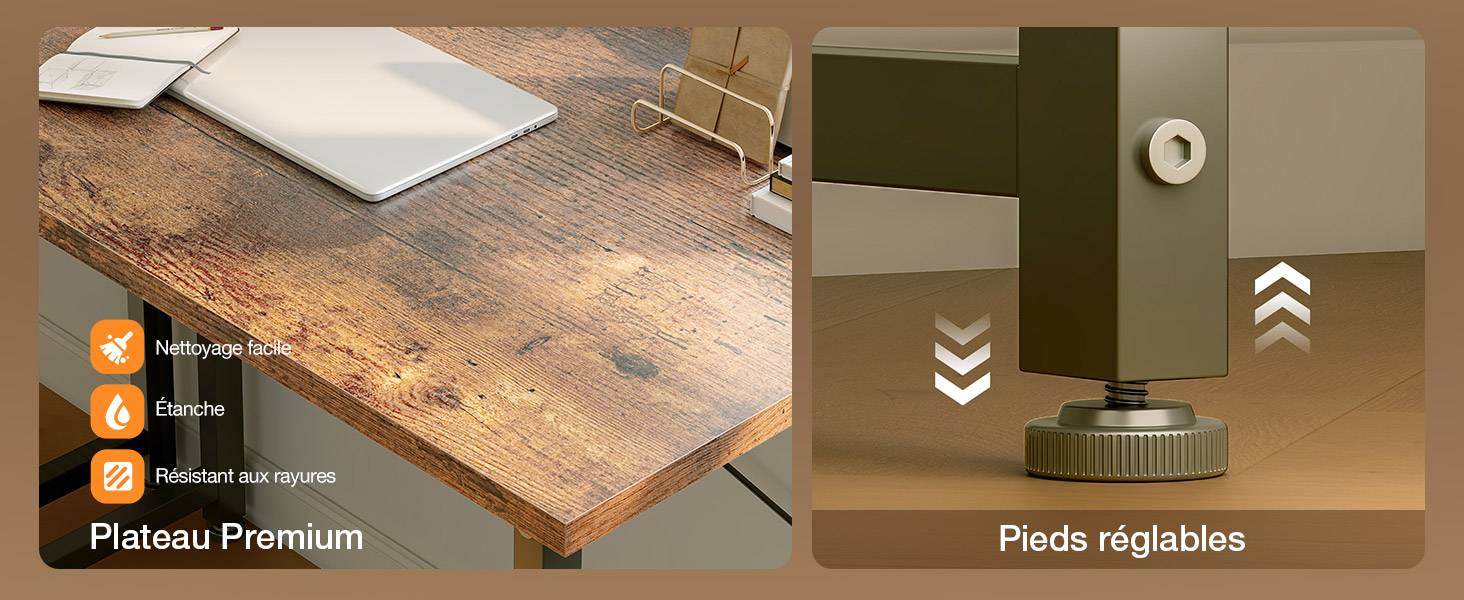 Le texte indique « Plateau Premium » et « Pieds réglables ». Vue rapprochée de la surface de la table en bois et des détails du mécanisme de réglage de la hauteur.