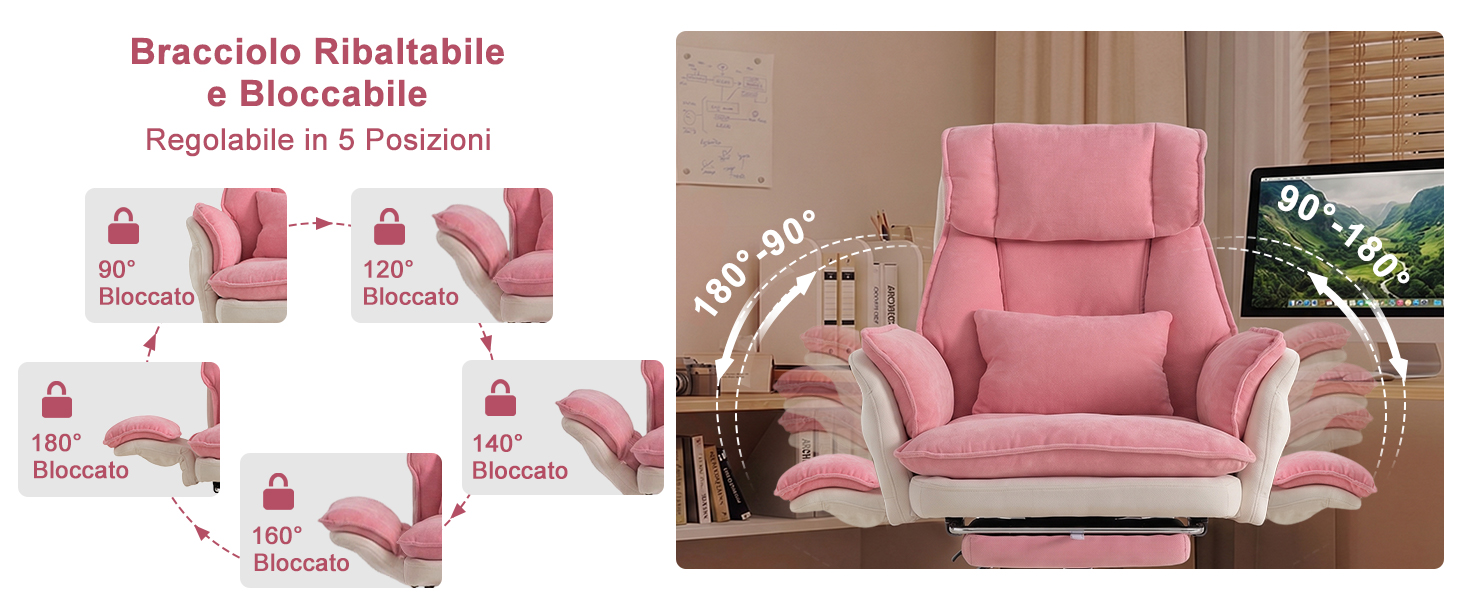 Il testo recita «Brazalete Relajante Ajustable» e «Disponible en 4 Posiciones». Poltrona imbottita rosa e set di divani esposti in un salotto con cuscini decorativi e mobili per la casa.