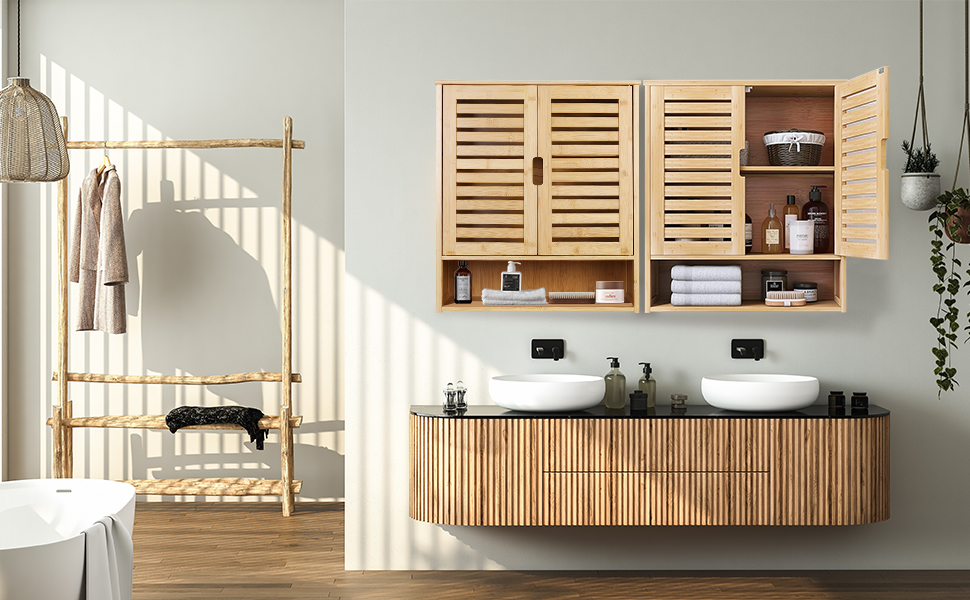 Armoire Salle de Bain Mural：Organisateur de Rangement en Bambou 