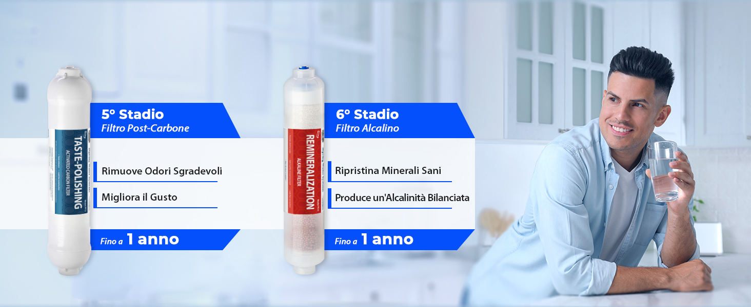 che mostra gli orari dei farmaci con riquadri blu e bianchi. È visibile un uomo in camice bianco con in mano un bicchiere d'acqua