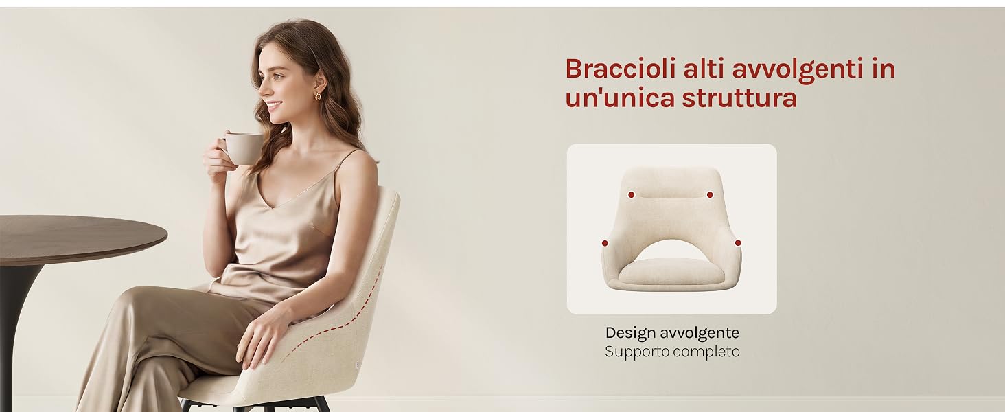 Il testo recita «Bracciali alti avvolgenti in un'unica struttura» e «flat di avvolgente legato in 360°». Donna in abiti beige seduta, che indossa un braccialetto avvolgente. Prodotto mostrato come braccialetto avvolto color crema su sfondo bianco.