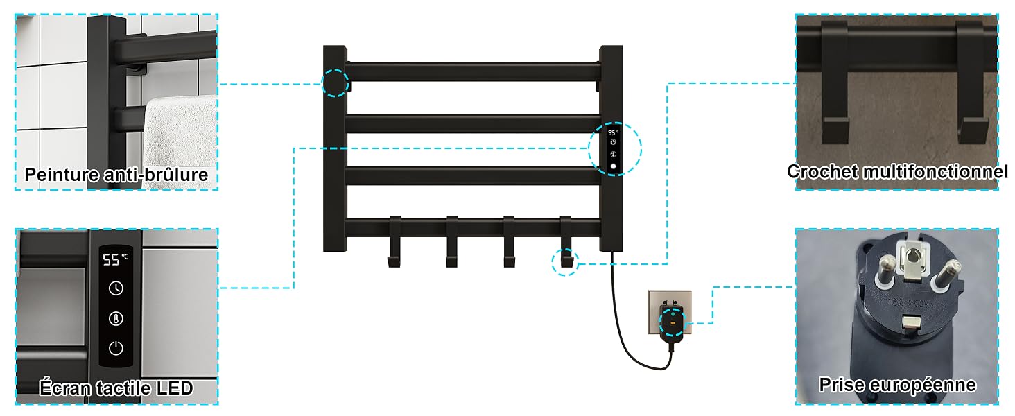 mit mehreren Schienen. Zu den Funktionen gehören eine LED-Anzeige, einstellbare Temperatur und eine Timerfunktion. Installationsdetails und Bedienelemente werden angezeigt.