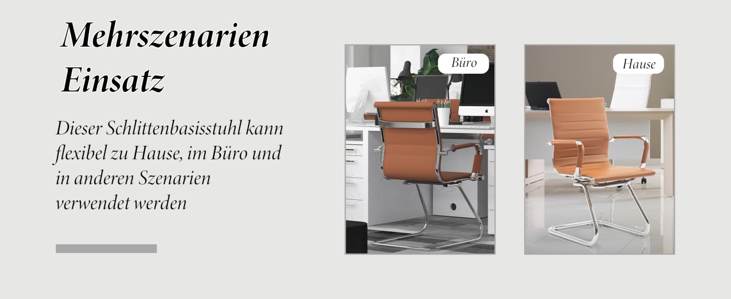 Zwei Bürostühle aus hellbraunem Leder mit Metallrahmen. Der linke Stuhl hat eine hohe Rückenlehne, der rechte hat eine untere Rückenlehne. Beide auf weißem Hintergrund mit Textbeschriftungen oben.