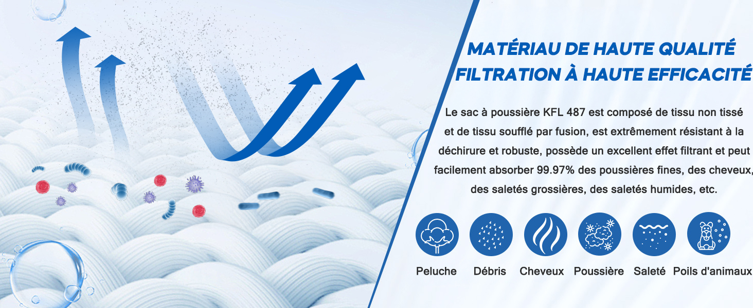 Illustration des Luftfiltersystems mit blauen Pfeilen, die den Luftstrom durch ein weißes Filtermaterial zeigen. Die Symbole stellen gefilterte Partikel dar: Staub, Haare, Pollen. Der französische Text beschreibt eine effiziente und hochwertige Filtration.