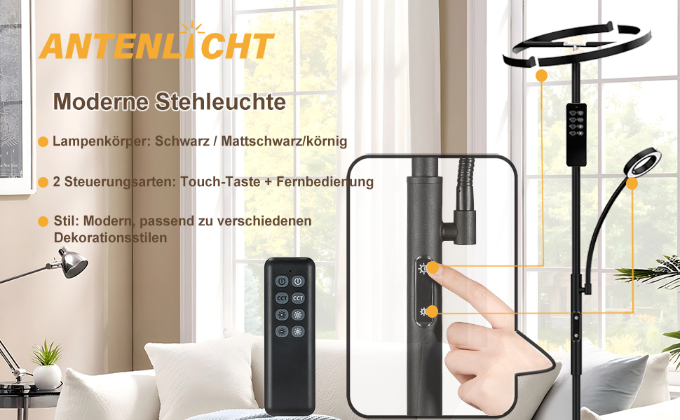 Moderne Stehleuchte mit kreisförmiger LED-Leuchte, verstellbarer Armleselampe, Touch-Steuerung und Fernbedienung. Mit schwarzer Oberfläche und elegantem Design für verschiedene Einrichtungsstile.