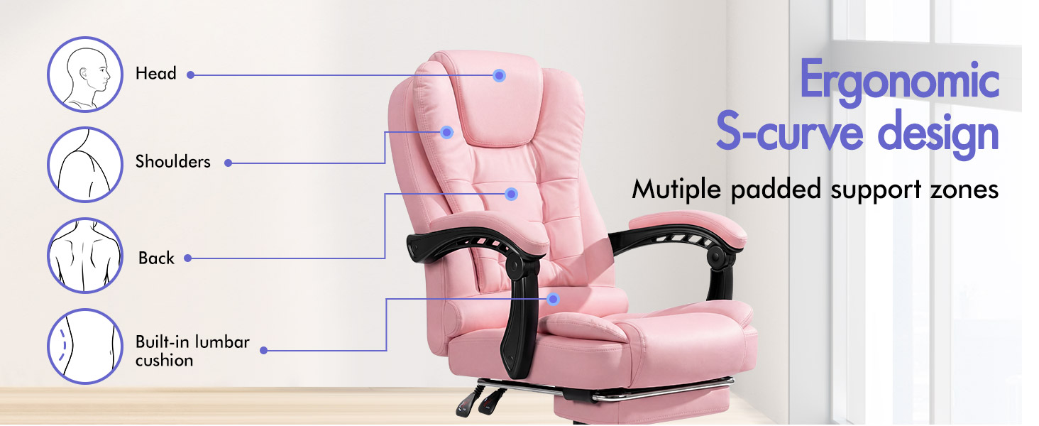 Text reads 'Ergonomic S-curve design' with 'Multiple cushioned support zones'. Pink gaming chair shown with labeled parts including Head, Shoulders, Back, and Lumbar cushion indicators.