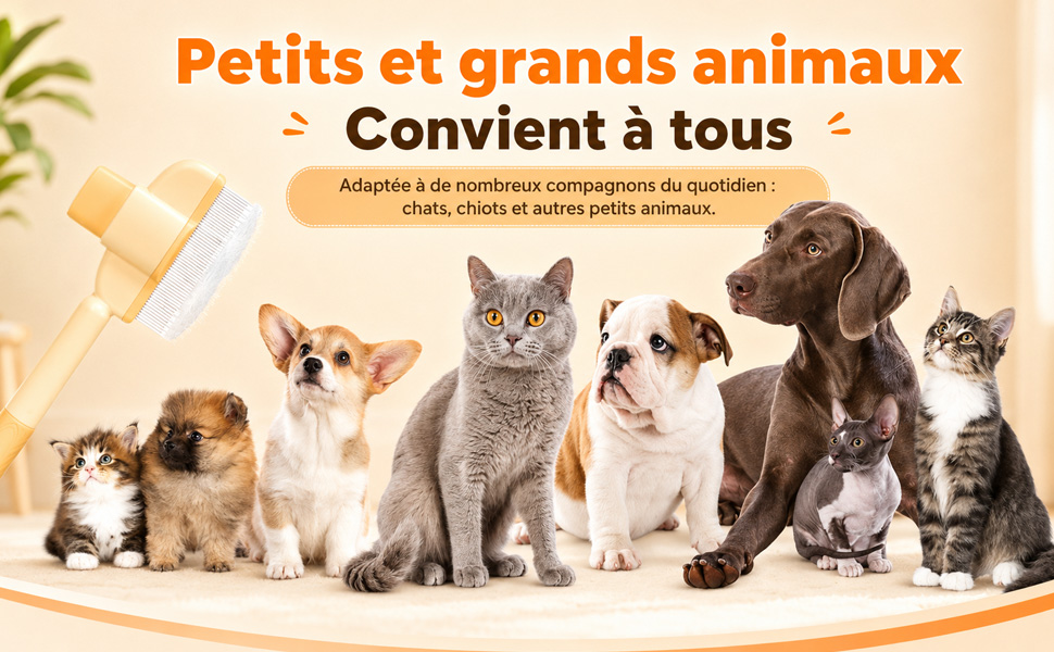 Der Text lautet: „Petits et grands animaux - Convient à tous“. Produktbanner mit verschiedenen Haustieren: Welpen, Kätzchen, Kaninchen, erwachsene Hunde auf beigem Hintergrund.