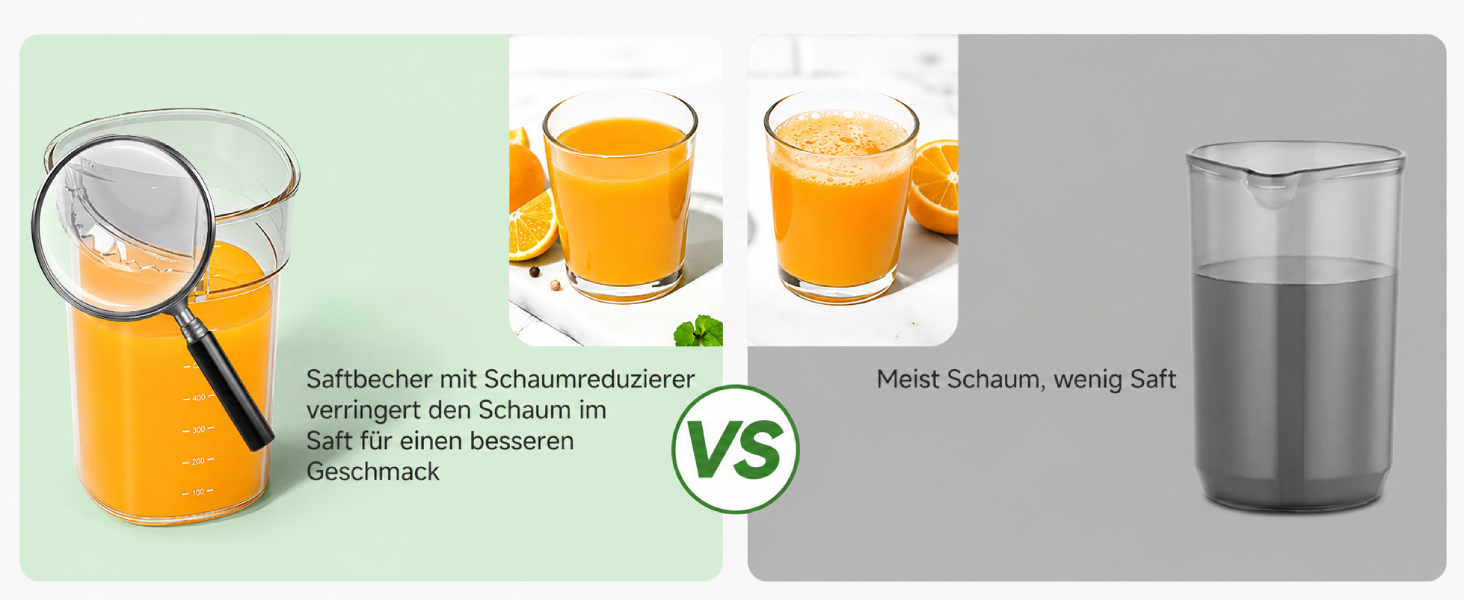 Der Text lautet „Luftneutraler Schaumstoffboden“ und „Ideal Schraum, wenig Saft“ mit „VS“. Vergleich zwischen der traditionellen Methode zum Auspressen von Orangensaft und dem modernen, platzsparenden Design eines Saftbehälters.